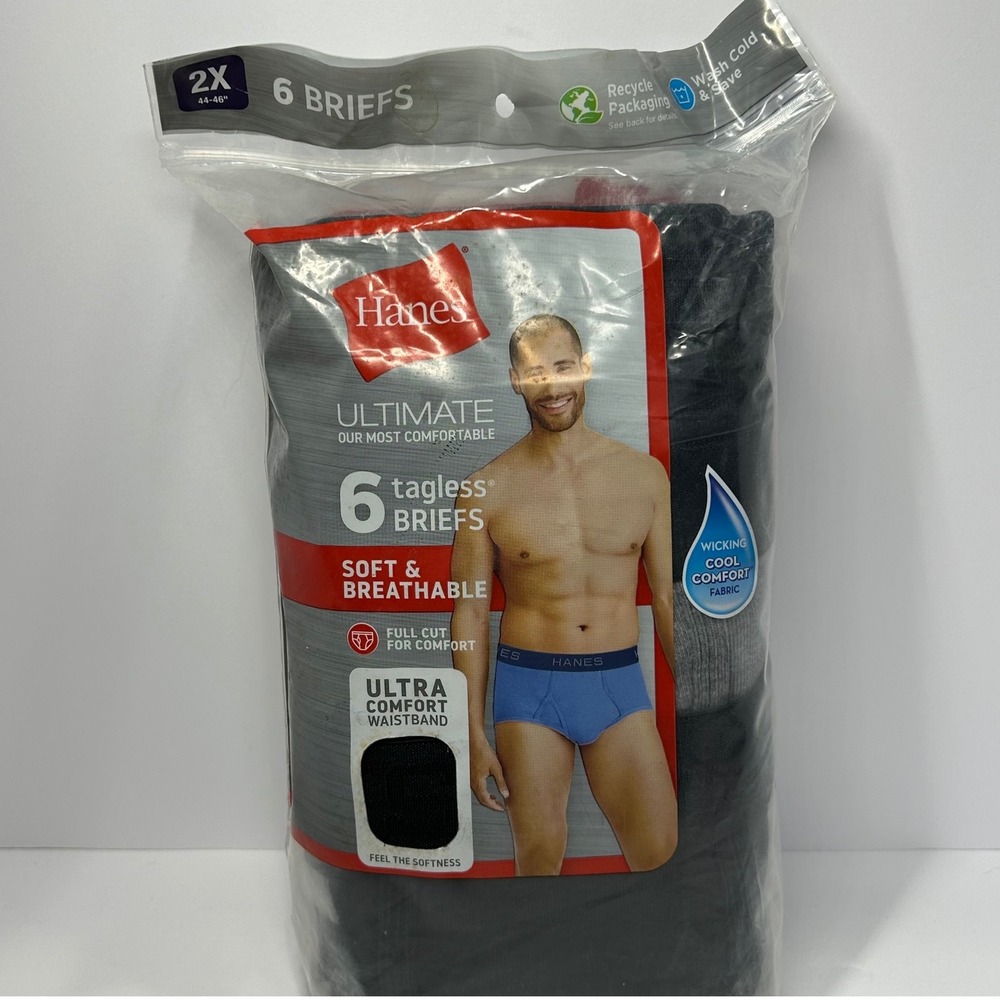 Hanes Ultimate Mens Tagless Briefs 6 Pack Black Grey 2XL 44-46 Cool Comfort New
